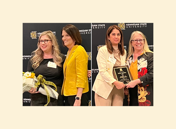 Sara Evans with KSU President Kathy Schwaig and Darina Lepatatu with the Dean of the Norman J. Radow College of Humanities and Social Sciences Catherine Kaukinen